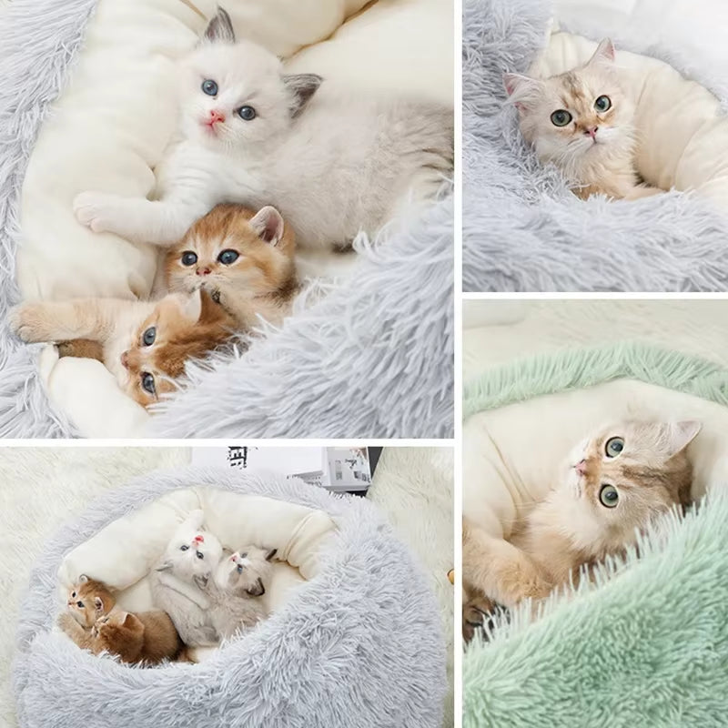 Winter Plush Cat Bed - 2-in-1 Warm Cushion & Sleep Nest