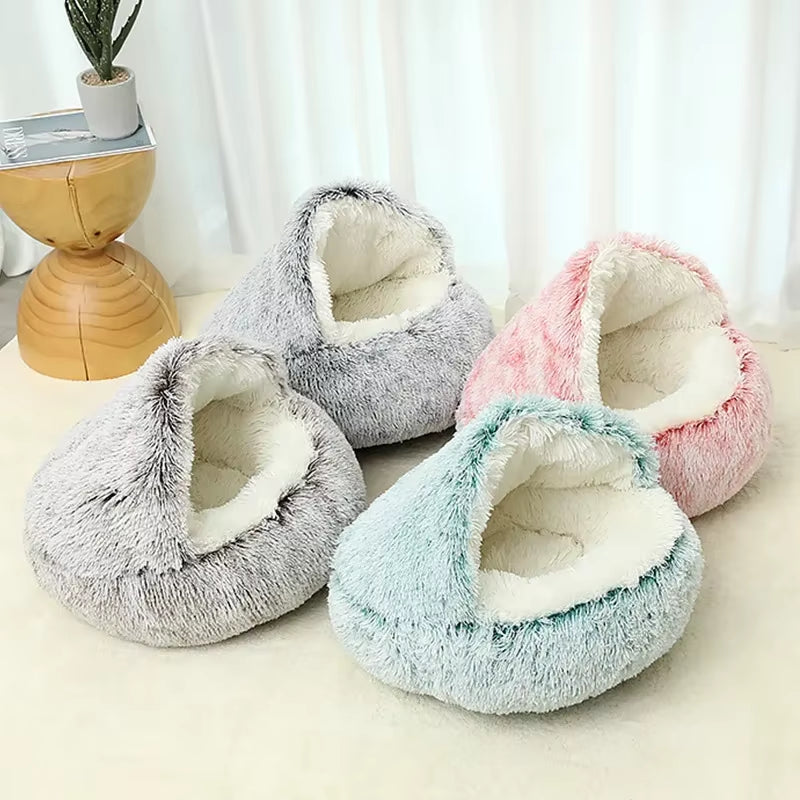 Winter Plush Cat Bed - 2-in-1 Warm Cushion & Sleep Nest